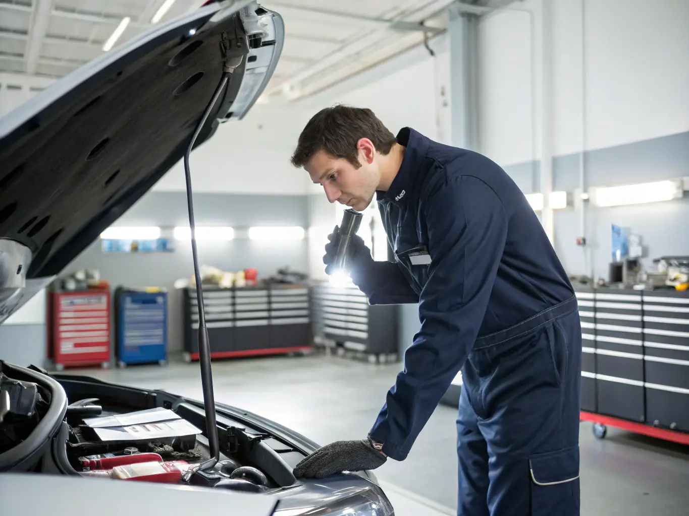 A team of experts is inspecting a vehicle in a well-equipped garage, highlighting OrderandDrive's commitment to quality and compliance.