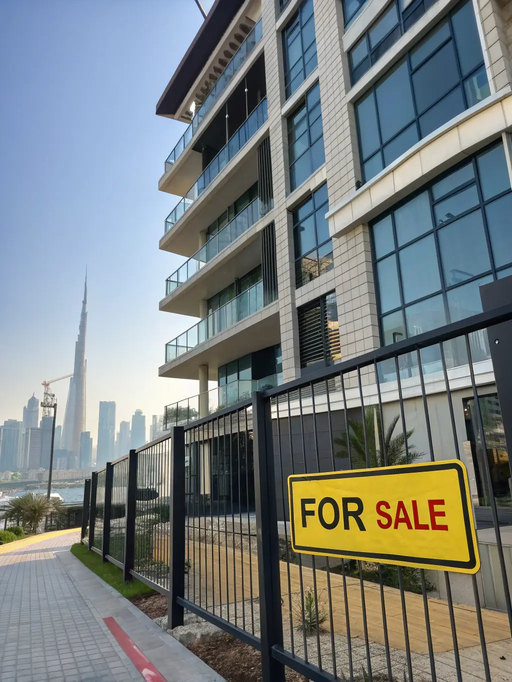 A modern luxury apartment building with a 'For Sale' sign, emphasizing property acquisition services offered by OrderandDrive.