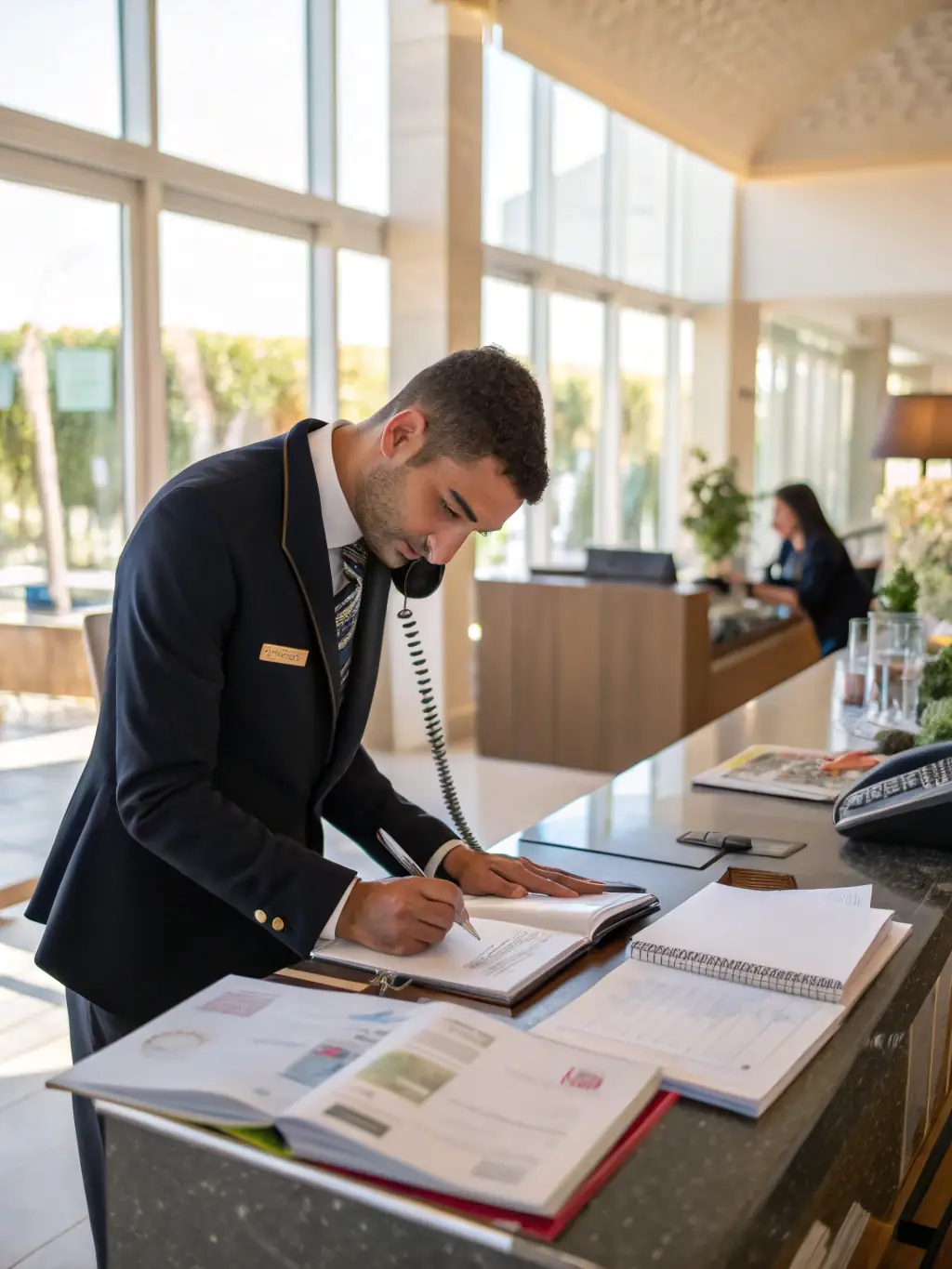 A concierge assisting a client with travel arrangements, demonstrating OrderandDrive's commitment to providing personalized and reliable support.