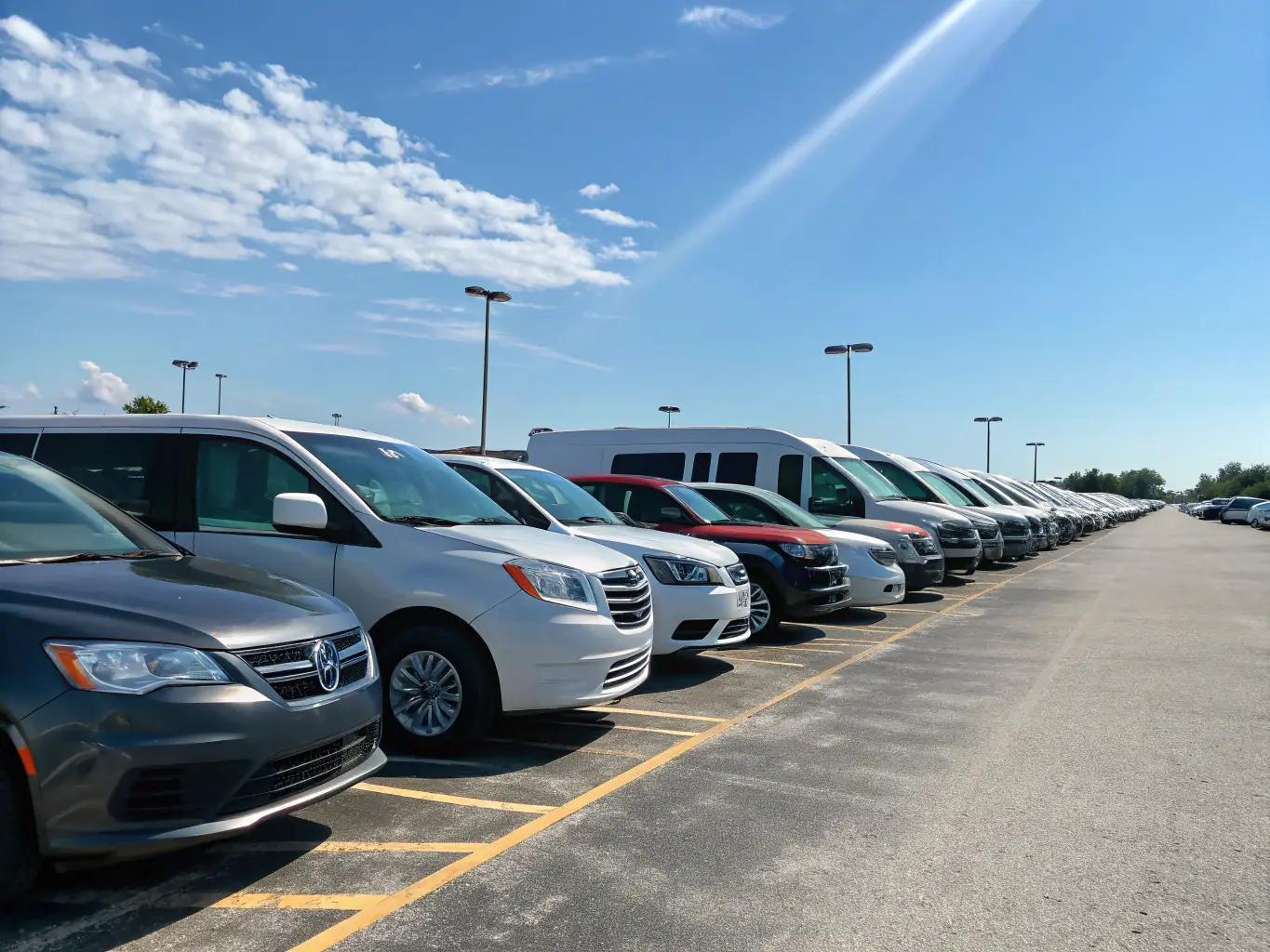 A diverse fleet of well-maintained vehicles is parked neatly in a rental lot, showcasing OrderandDrive's vehicle rental options.